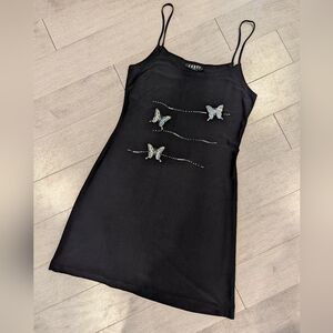 Vintage Black Slip Dress Holographic Butterfly Size XS Small